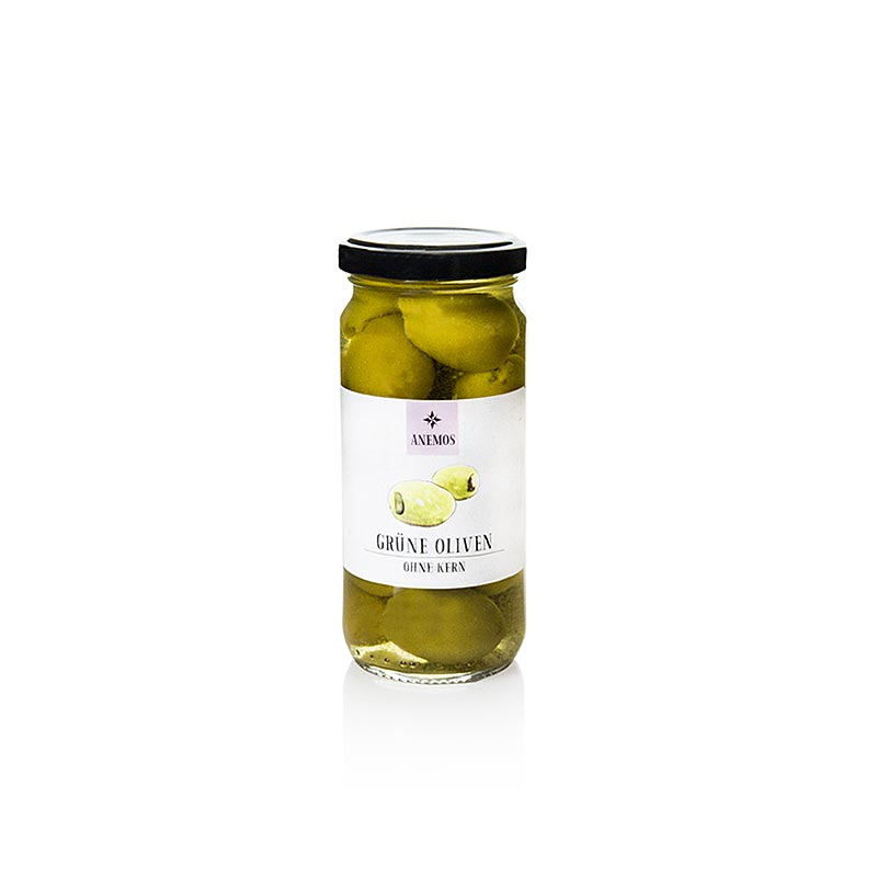 Grona oliver, urkarnade, i saltlake, ANEMOS - 227g - Glas
