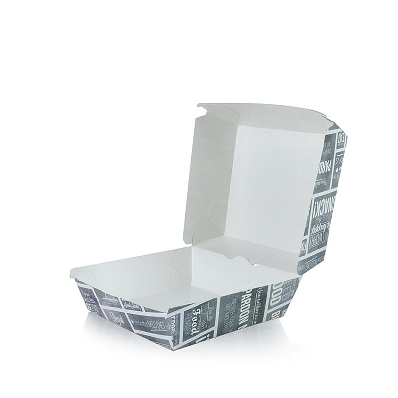 Caja desechable para hamburguesas - tamano L, 120 x 120 x 100 mm, carton, diseno de tiza - 400 piezas - Cartulina