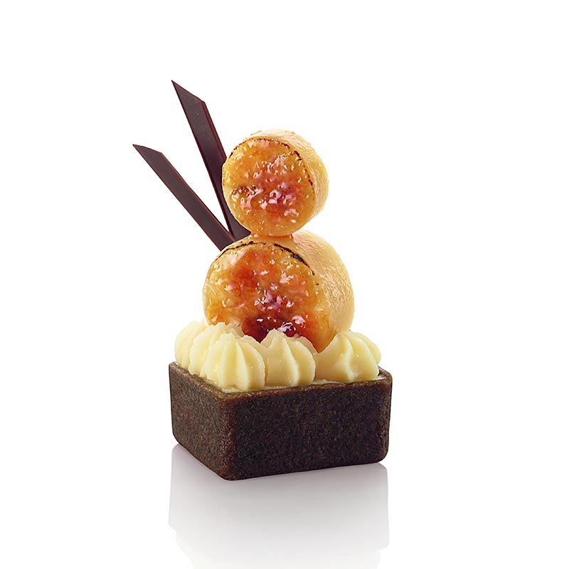 Tartellette dessert - Filigrano, quadrata, 3,3 cm, H 1,8 cm, pasta frolla al cioccolato - 1.485 kg, 225 pezzi - Cartone