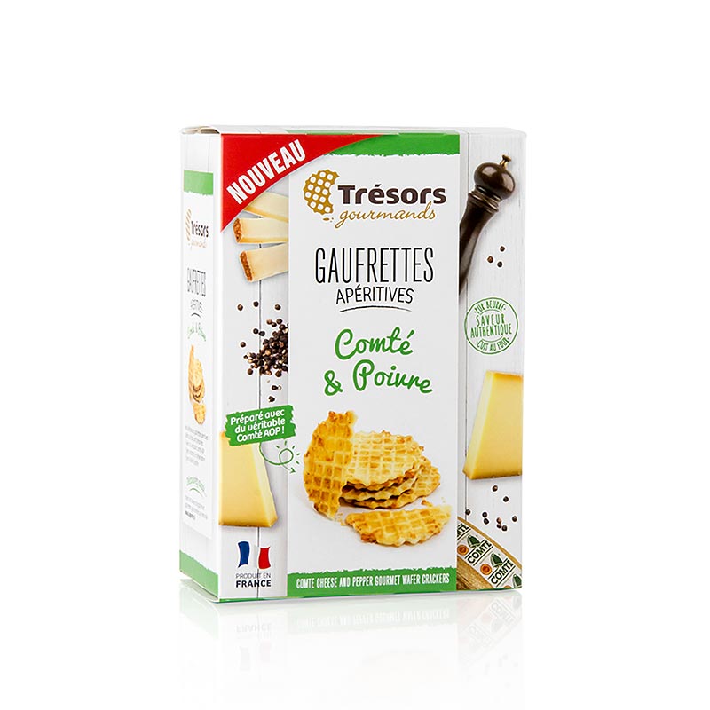 Barsnack Tresors - Gaufrettes, francese Mini waffle al formaggio Comte e pepe - 60 g - scatola