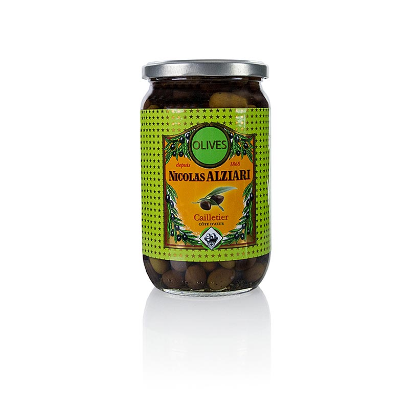 Campuran zaitun, Cailletier hijau dan hitam, dengan biji, acar, Alziari - 480 gram - Kaca