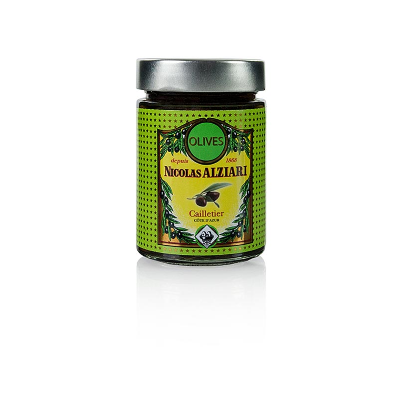 Miscela di olive, Cailletier verdi e nere, con nocciolo, in salamoia, Alziari - 220 g - Bicchiere