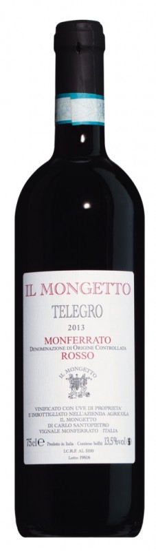 Vere e kuqe, barrike, Monferrato Rosso DOC Telegro, Il Mongetto - 0,75 l - Shishe
