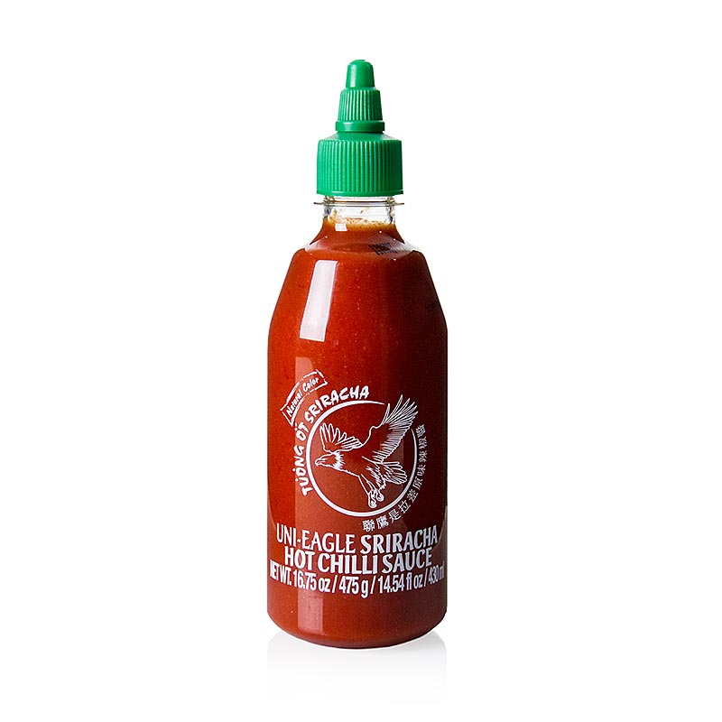 Chilikastike - Sriracha, mausteinen, valkosipulilla, puristettu pullo, Uni-Eagle - 430 ml - PE-pullo