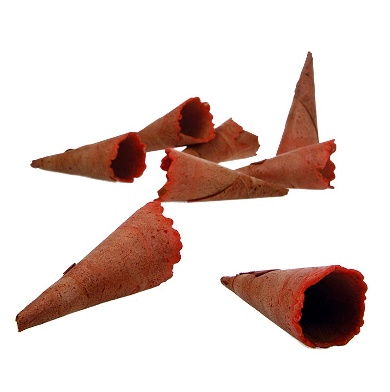 Mini-Hörnchen - Waffelcornets, süß, rot gefärbt, Ø 2,4x7,5cm, Sosa - 1 kg, 360 St - Karton Mini-Hörnchen - Waffelcornets, süß, rot gefärbt, Ø 2,4x7,5cm, Sosa - 1 kg, 360 St - Karton