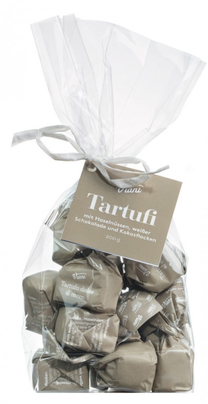 Tartufi dolci al cocco, saccetto, praline dengan coklat putih, hazelnut + kelapa, Viani - 200 gram - tas