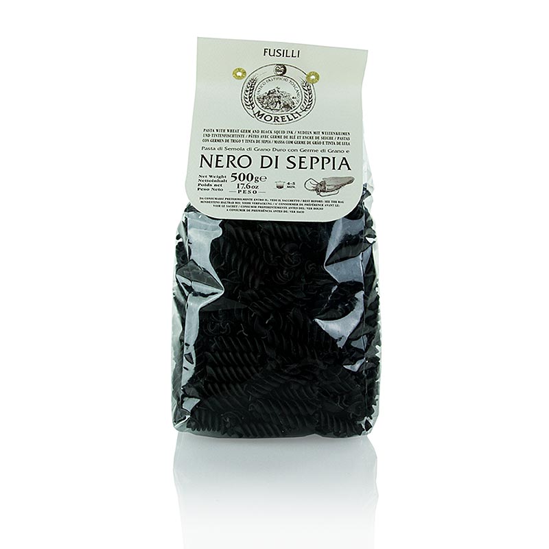 Morelli 1860 Fusilli, hitam, dengan warna cumi sepia - 500 gram - mengemas