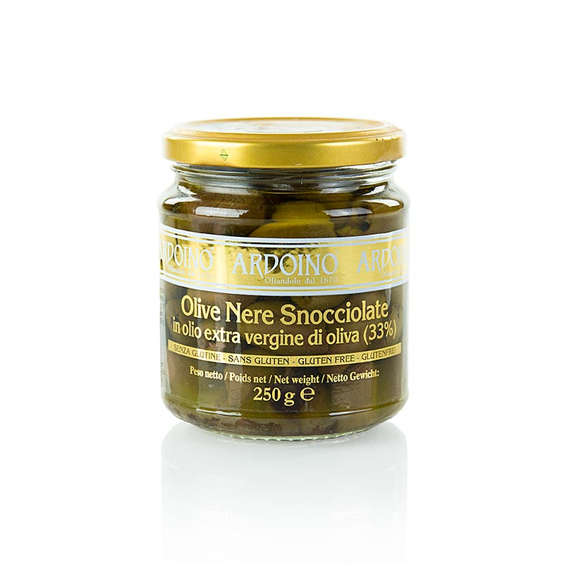 Olives negres, sense pinyol (snocciolate), en oli d`oliva, Ardoino - 250 g - Vidre