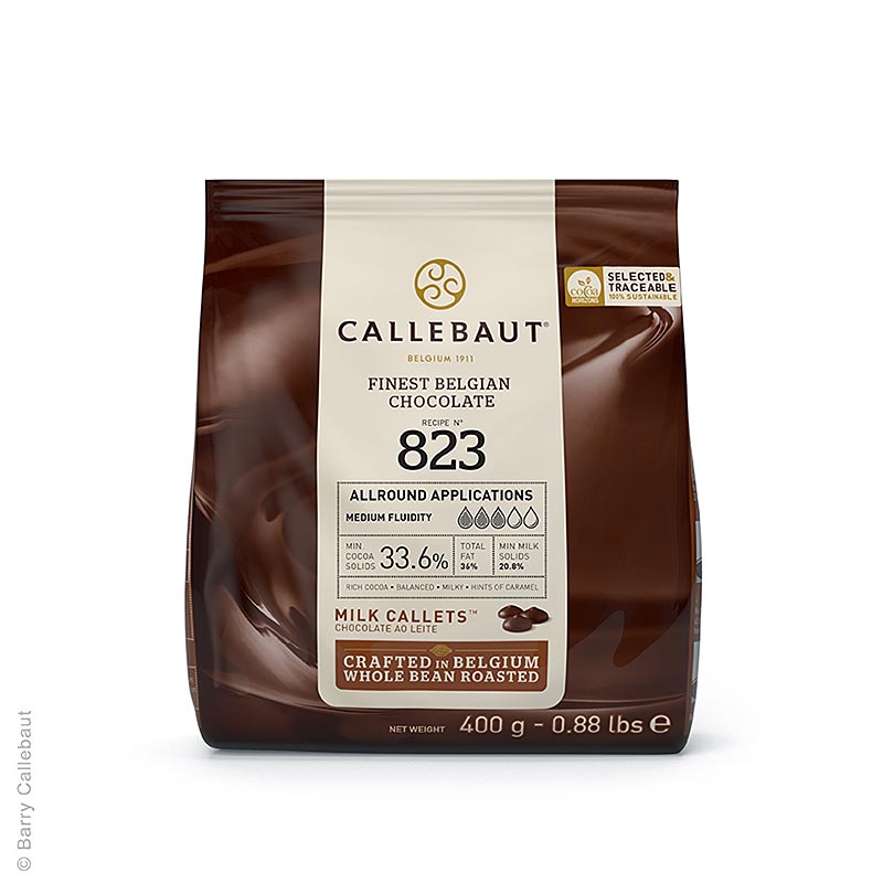 Chocolate con leche entera Callebaut (33,6%), Cobertura Callets (823-E0-D94) - 400g - bolsa