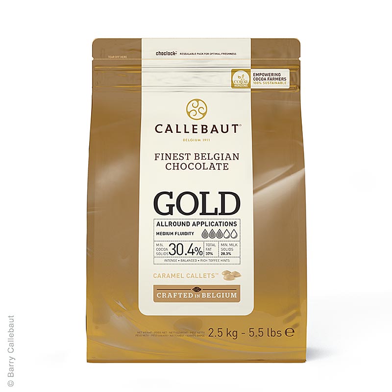 Chocolate Callebaut GOLD, con nota de caramelo, Callets, 30,4% cacao - 2,5 kilos - bolsa