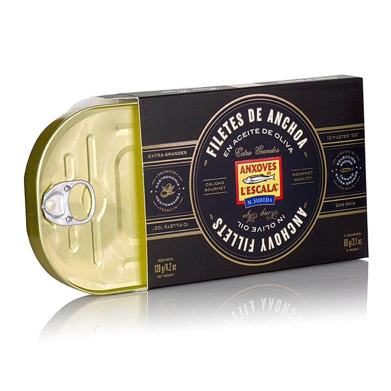 Filets d`anxova de primera qualitat, en oli d`oliva, King Size, L`Escala - 120 g - llauna