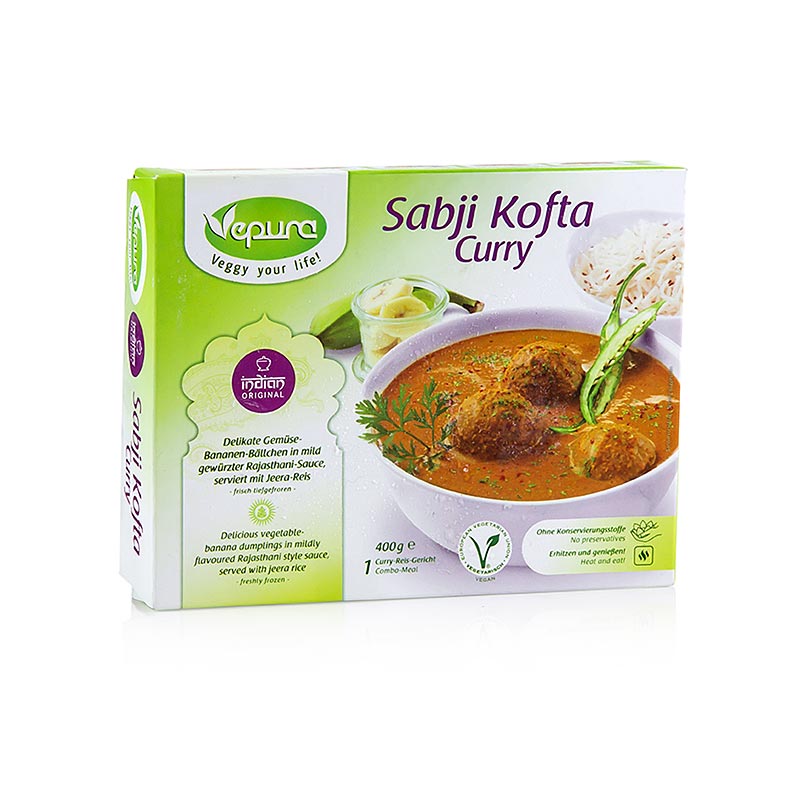 Sabji Kofta Curry - polpette di verdure e banana, salsa Rajasthani, riso jeera - 400 g - pacchetto Sabji Kofta Curry - polpette di verdure e banana, salsa Rajasthani, riso jeera - 400 g - pacchetto