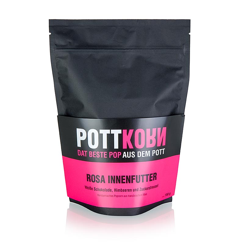 Pottkorn - Lapisan merah muda, popcorn dengan coklat putih dan raspberry - 150 gram - tas