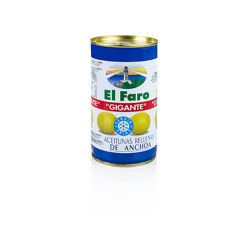Olives verdes, amb anxoves (farciment d`anxoves) GIGANTE, al Llac, El Faro - 350 g - llauna