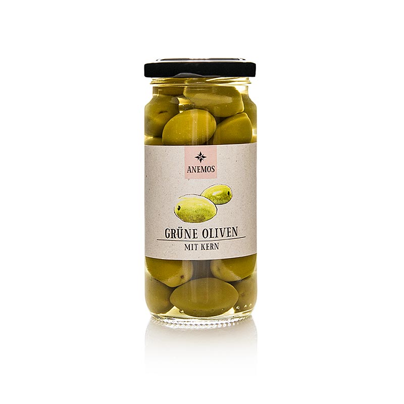 Olive verdi, con nocciolo, in salamoia, ANEMOS - 227 g - Bicchiere