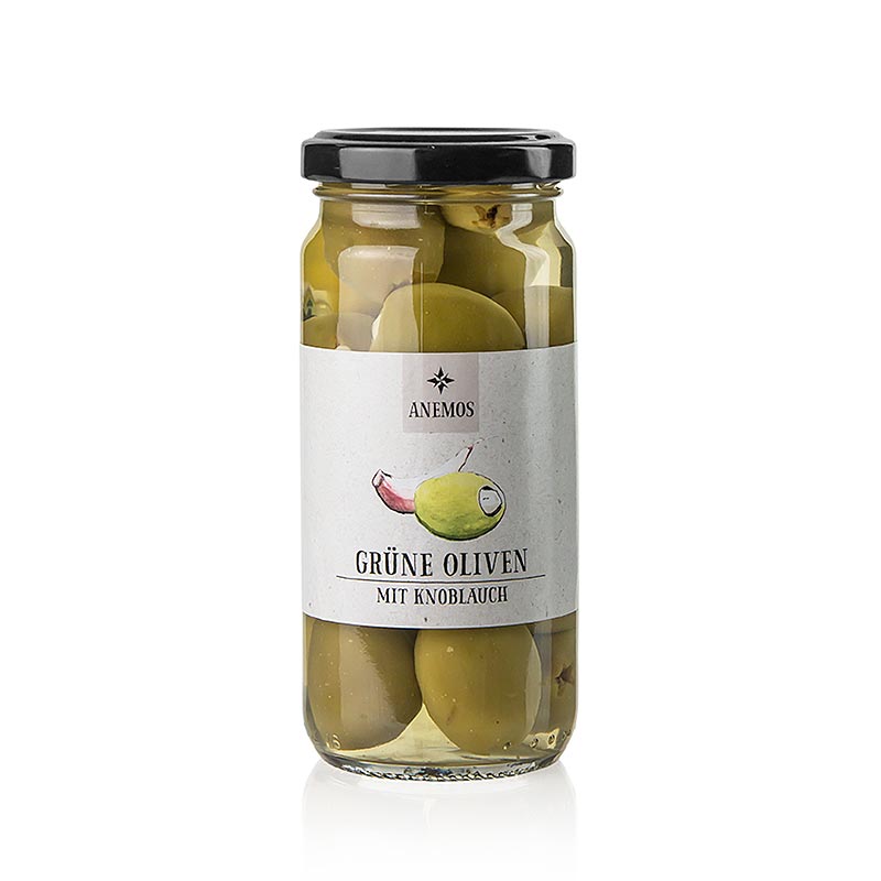 Vihreat oliivit, kivet, valkosipuli, suolavedessa, ANEMOS - 227 g - Lasi