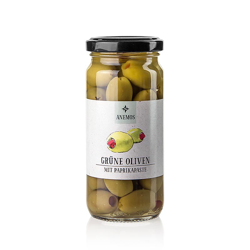Vihreat oliivit, jotka on taytetty suolavedessa olevalla pippuritahnalla, ANEMOS - 227 g - Lasi