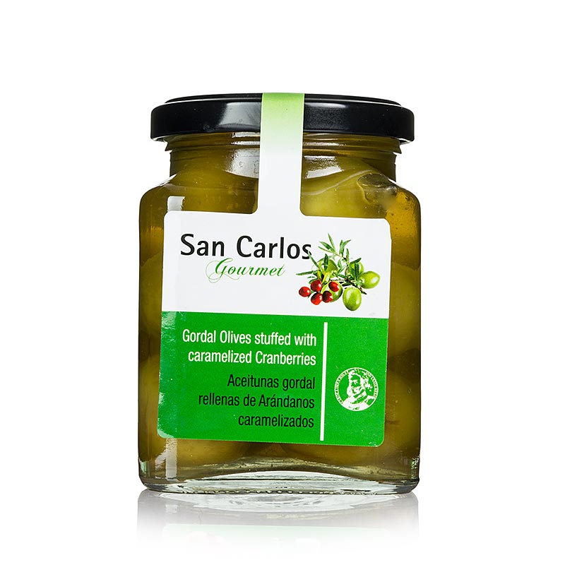 Vihreat Gordal-oliivit, kivet, karamellisoiduilla karpaloilla, San Carlos - 300g - Lasi