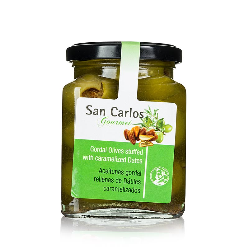 Vihreat Gordal-oliivit, kivet, karamellisoiduilla taateleilla, San Carlos - 300g - Lasi