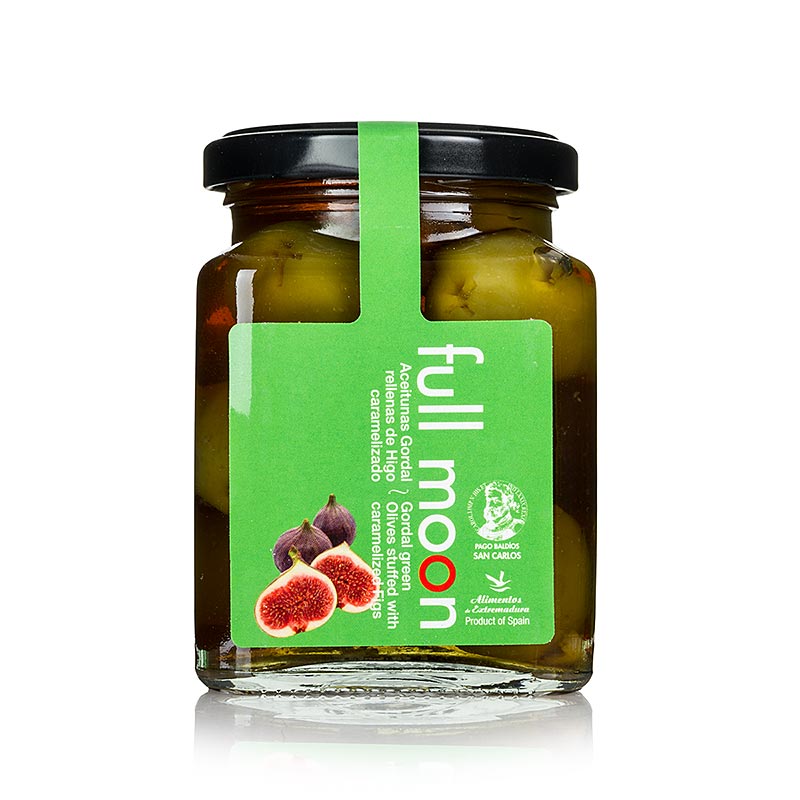 Olive verdi Gordal, denocciolate, con fichi caramellati, San Carlos - 300 grammi - Bicchiere