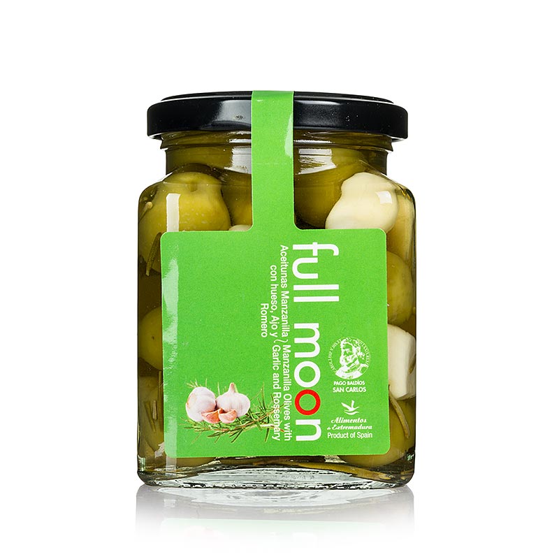 Vihreat Manzanilla-oliivit, kivettomia, valkosipulia ja rosmariinia, San Carlos Gourmet - 300g - Lasi