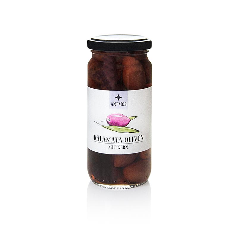 Olive nere, con nocciolo, olive Kalamata, in salamoia, ANEMOS - 227 g - Bicchiere