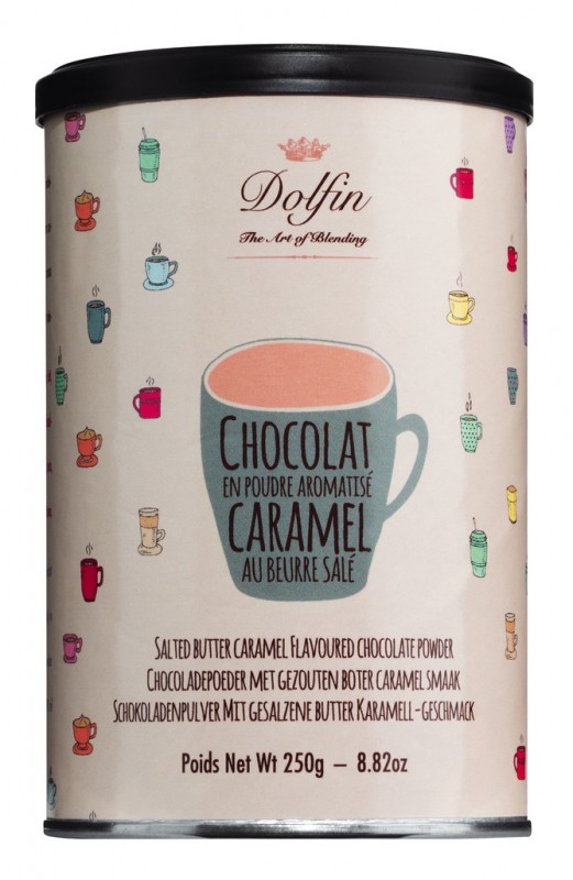 Venda de xocolata en poudre aromatise caramel beurre, beure xocolata amb caramel de mantega salada, Dolfin - 250 g - llauna