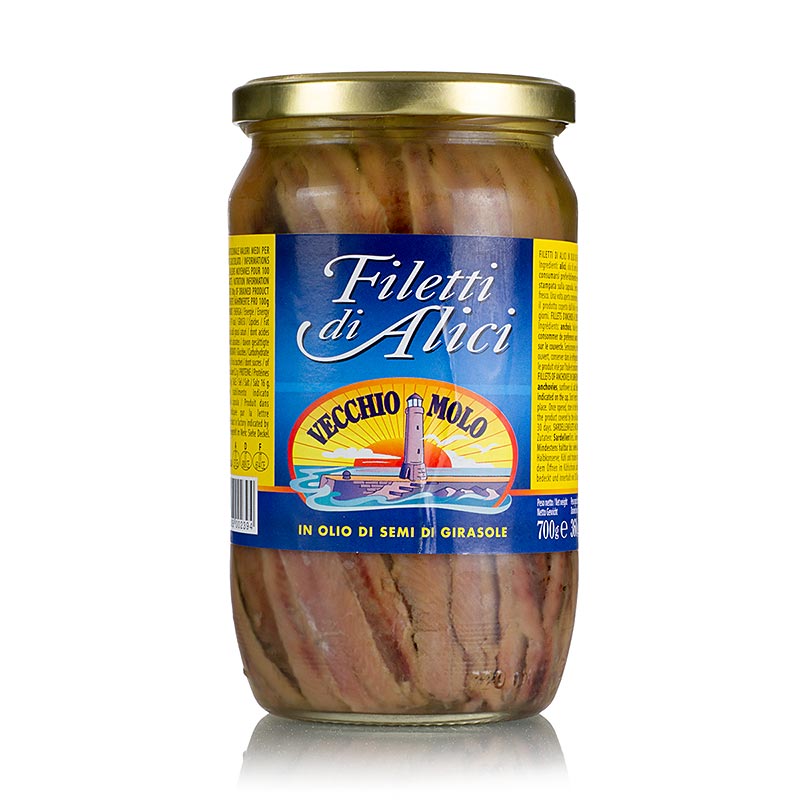 Filetes de anchova Filetti di Alici, em oleo de girassol - 700g - Vidro
