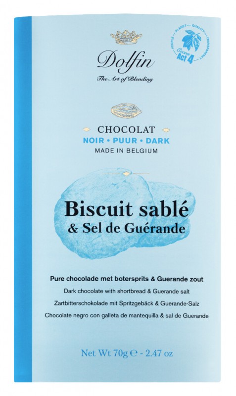Chocolate amargo com biscoitos amanteigados e sal, tablete, biscoito noir sable e flor de sal, Dolfin - 70g - Pedaco