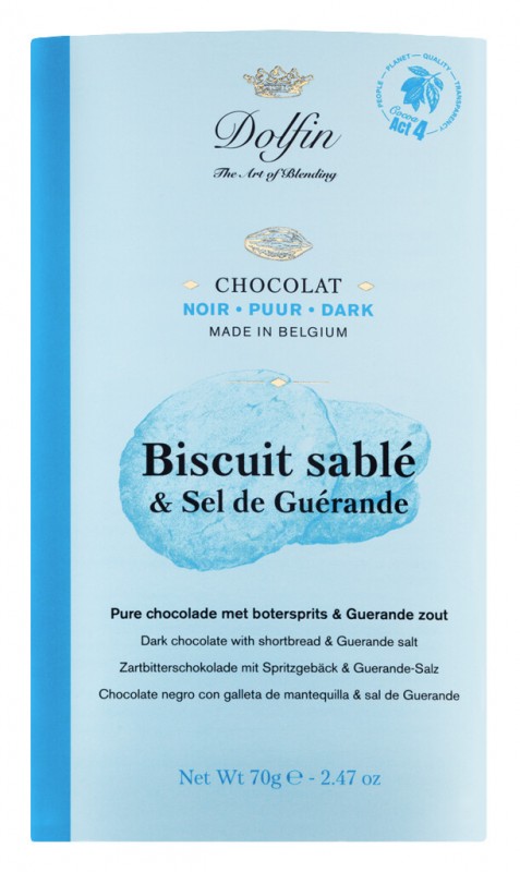 Coklat gelap dengan biskut roti pendek dan garam, tablet, biskut noir sable dan fleur de sel, Dolfin - 70g - sekeping