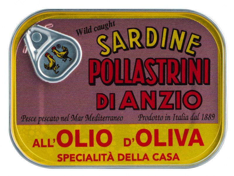 Sardina all`olio d`oliva, sardines en oli d`oliva, pollastrini - 100 g - llauna