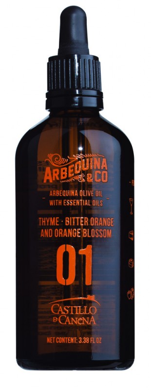 No.01 Aceite medh Naranja amarga, tomillo y azahar, aromat. lifuolia bitur appelsina, timjan + appelsinublom, Castillo de Canena - 100ml - Flaska