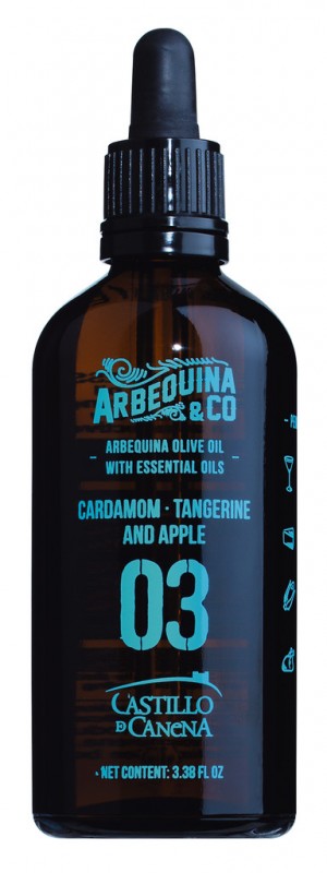 No.03 Aceite con Cardamomo, Mandarina + Manzana, bragdhbaett olifuolia Kardimommur, Mandarina + Epli, Castillo de Canena - 100ml - Flaska