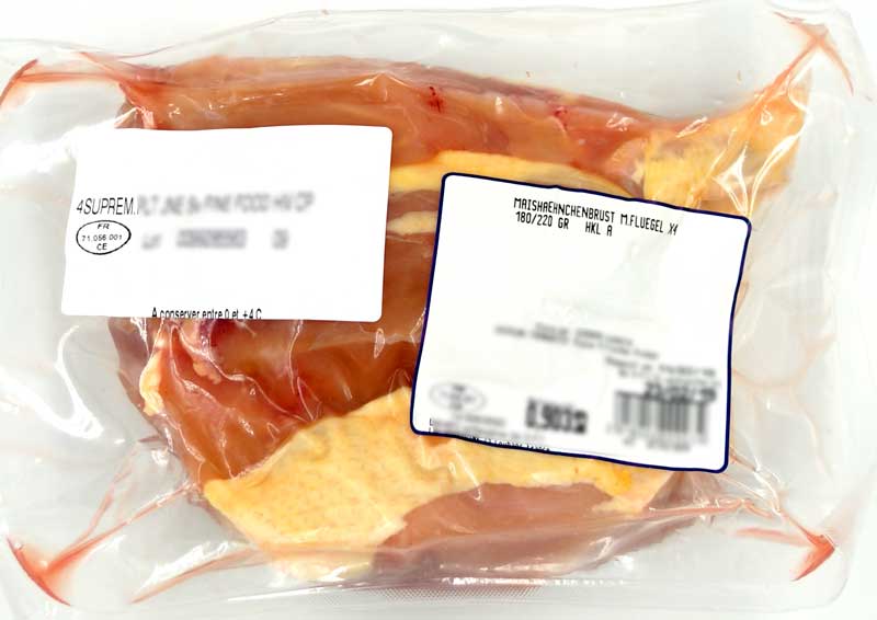 Dada ayam jagung dengan kulit dan sayap, kantong isi 4, unggas dari Perancis - sekitar 800 gram - kekosongan