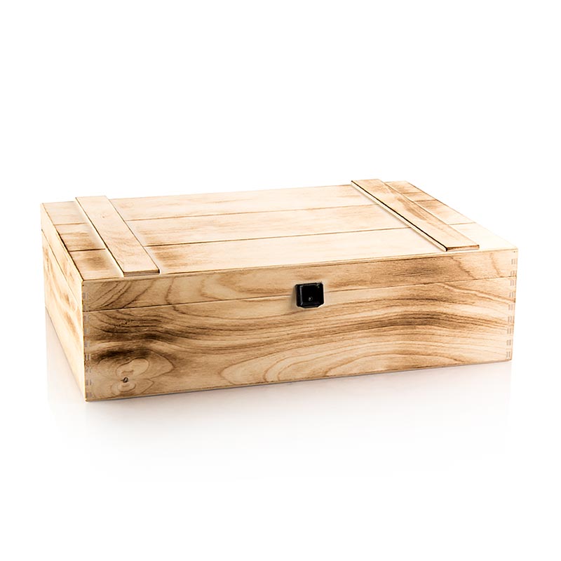 Embalagem para presente: caixa de madeira flambada, 3 vinhos, 370 x 258 x 98 mm - 1 pedaco - Solto