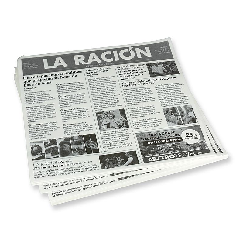 Engangssnackpapper med tidningstryck, ca 290 x 300 mm, La Racion - 500 ark - Kartong