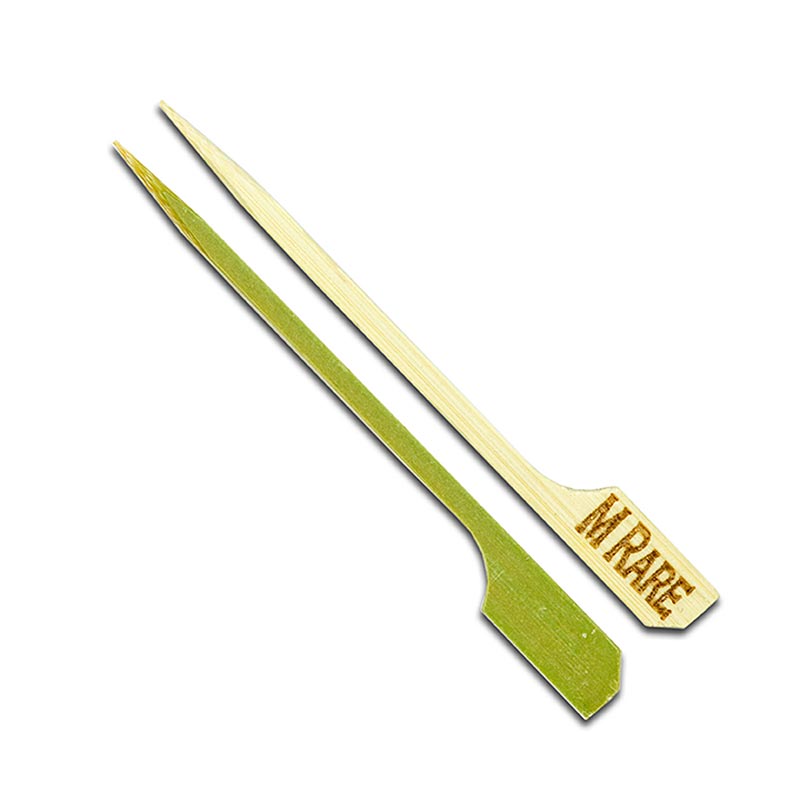 Espetos de bambu, com ponta de folha, marcados M Raro, 9 cm - 100 pedacos - bolsa