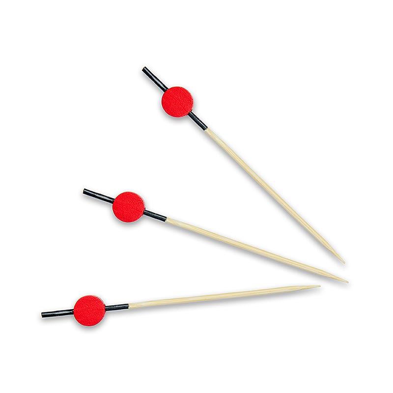 Broquetes de bambu, amb extrem de color negre, disc vermell, 9 cm - 100 peces - bossa