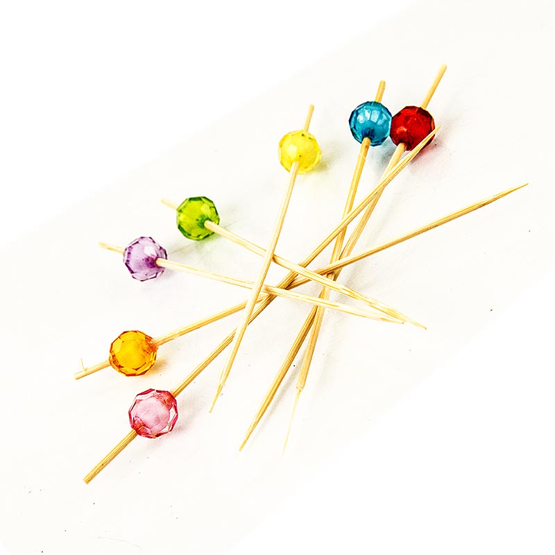 Brochetas de bambu Perla, 12 cm, con cuentas redondas, transparentes y de colores - 40 piezas - bolsa