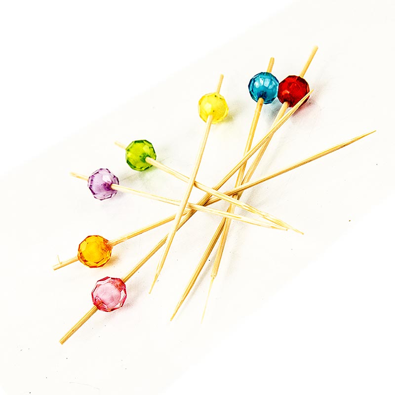 Bambusspyd Perle, 12cm, med fargerike, klare, runde perler - 40 stykker - bag