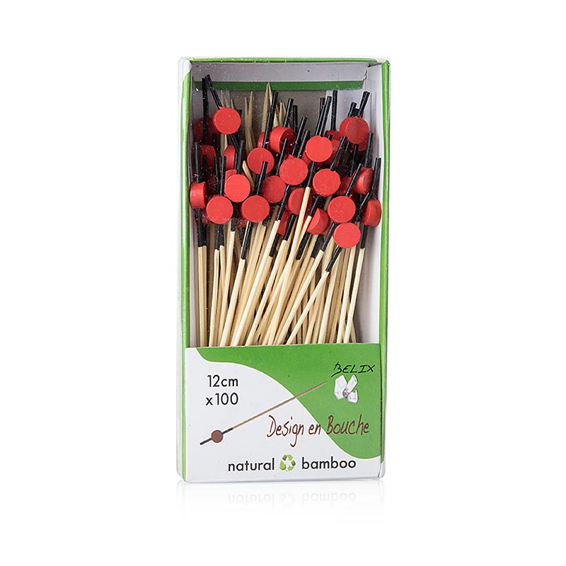 Espetos de bambu, com ponta preta, disco vermelho, 12 cm - 100 pedacos - bolsa