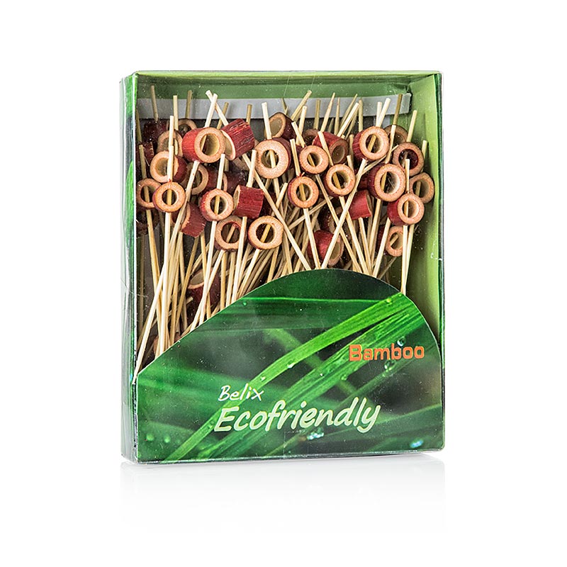 Brochetas de madera, con disco de madera rojo perforado, 12 cm - 100 piezas - caja