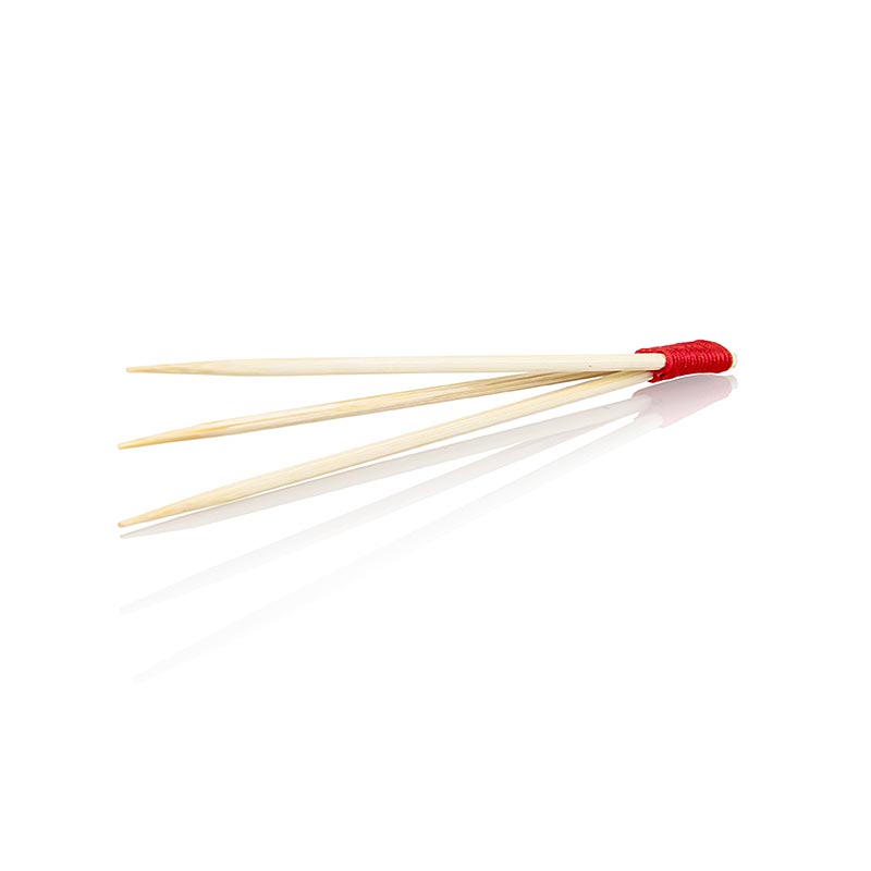 Espetos de bambu, 9 cm, 3 pontas (tridente), amarrados em vermelho - 100 pedacos - bolsa