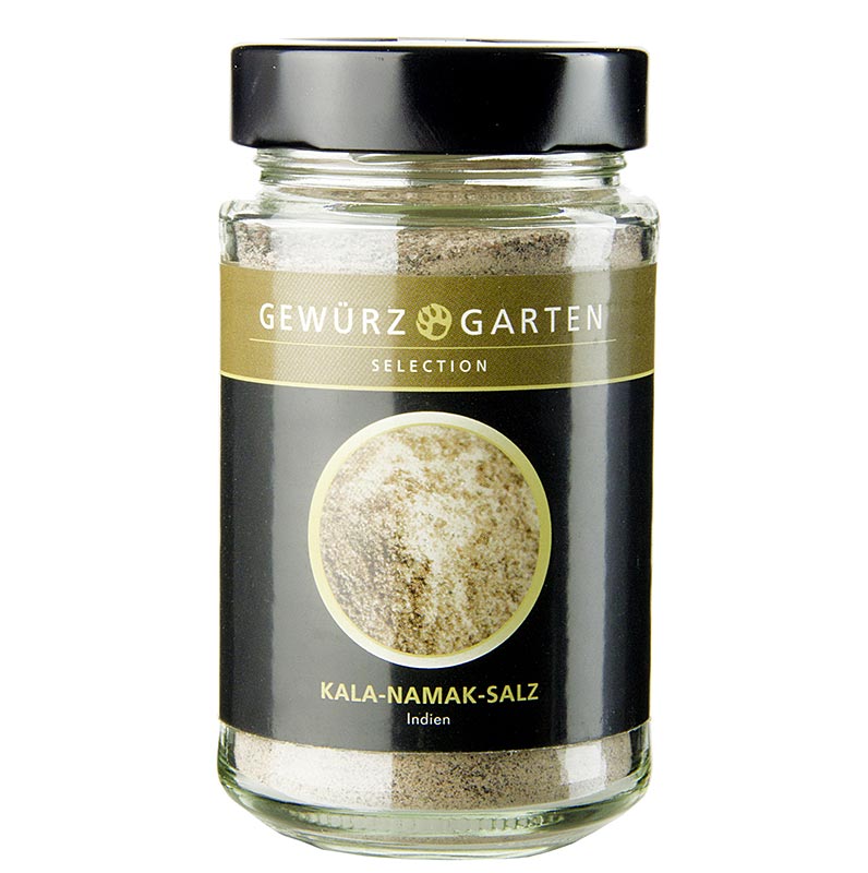 Sal Kala-Namak de Spice Garden, fina, marron rojiza - 250 gramos - Vaso
