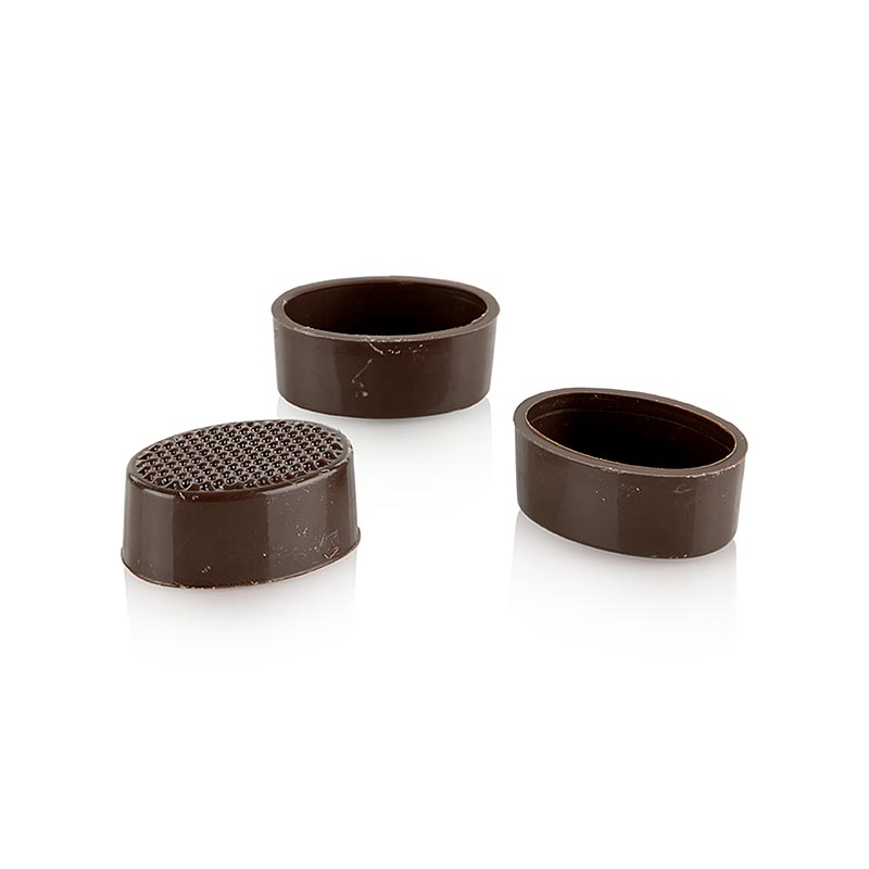 Tigelas ovais, chocolate amargo, 32 / 33 mm x 22 / 24 mm, 13 mm de altura, Laderach - 2,352 kg, 784 pecas - Cartao