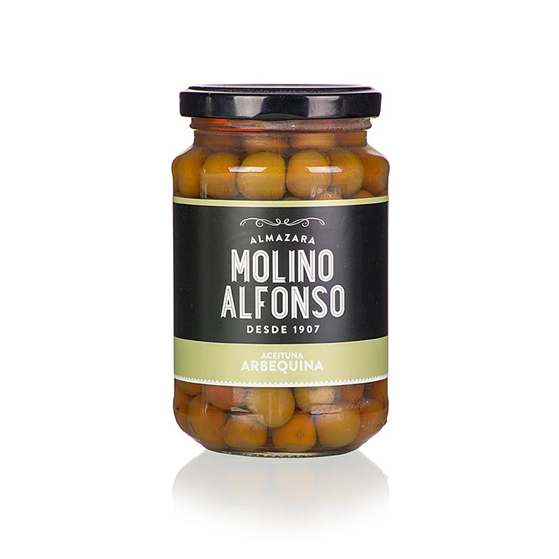 Olive verdi, con nocciolo, Arbequina, in salamoia, Molino Alfonso - 355 g - Bicchiere