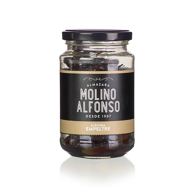 Olive nere, con nocciolo, Empeltre, al naturale, Molino Alfonso - 200 g - Bicchiere