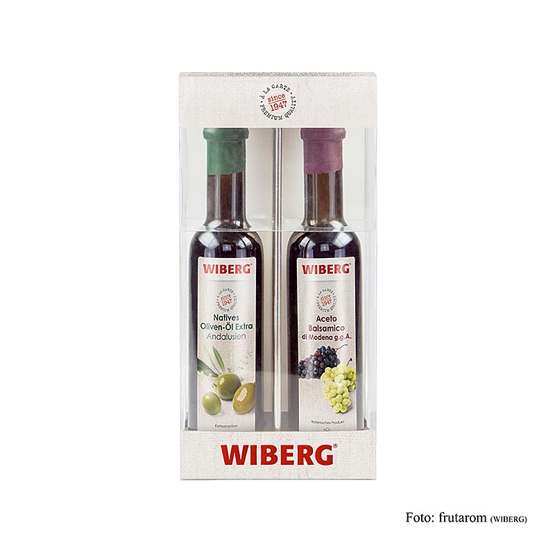 Aceitera vinagrera Wiberg, con aceite de oliva virgen y Aceto Balsamico IGP - 500ml, 2x250ml - Cartulina