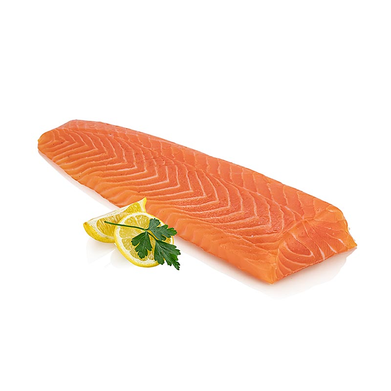 Salmon ahumado escoces, filete de lomo, largo y estrecho, sin cortar - aproximadamente 250 gramos - vacio