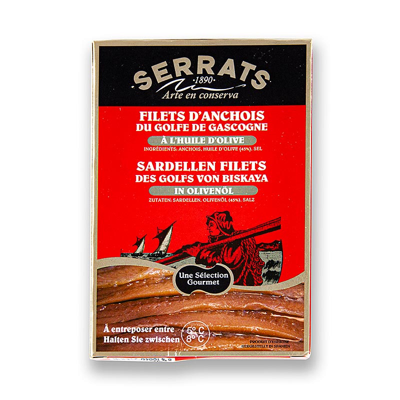 Isi ikan bilis berkualiti premium, dalam minyak zaitun, Serrats - 120g - boleh